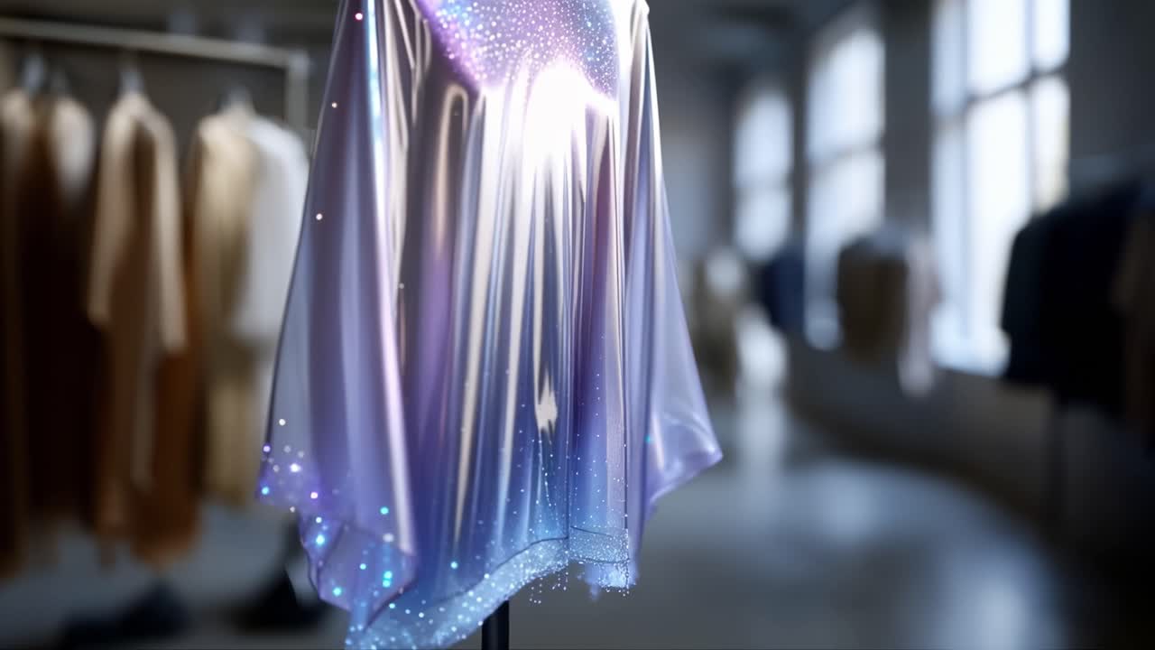 Glødende stof hænger blødt på en mannequin. Lysmønstre danser hen over dens gennemsigtige overflade. Butikshylder sløres i en blød baggrundsfokus.