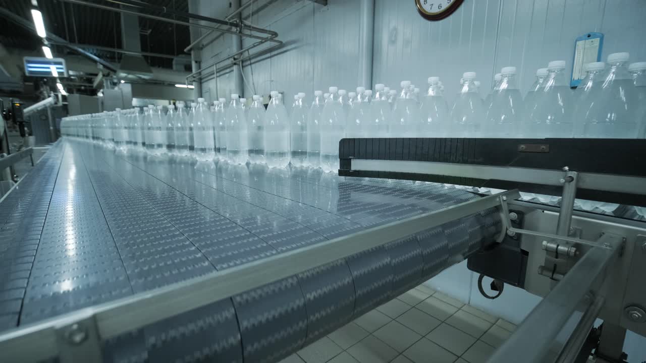 Conveyor belt with bottles of drinking water at a modern beverage plant