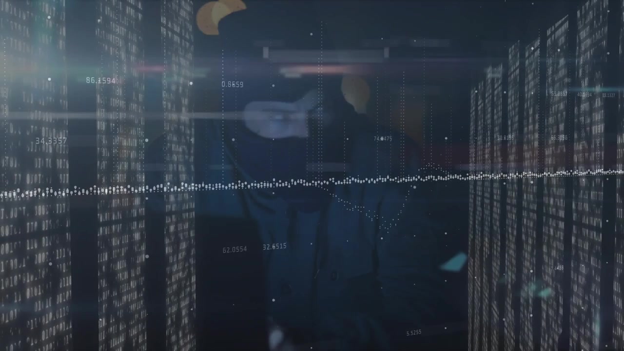 Animazione di elaborazione dati e un hacker maschio sopra server di computer