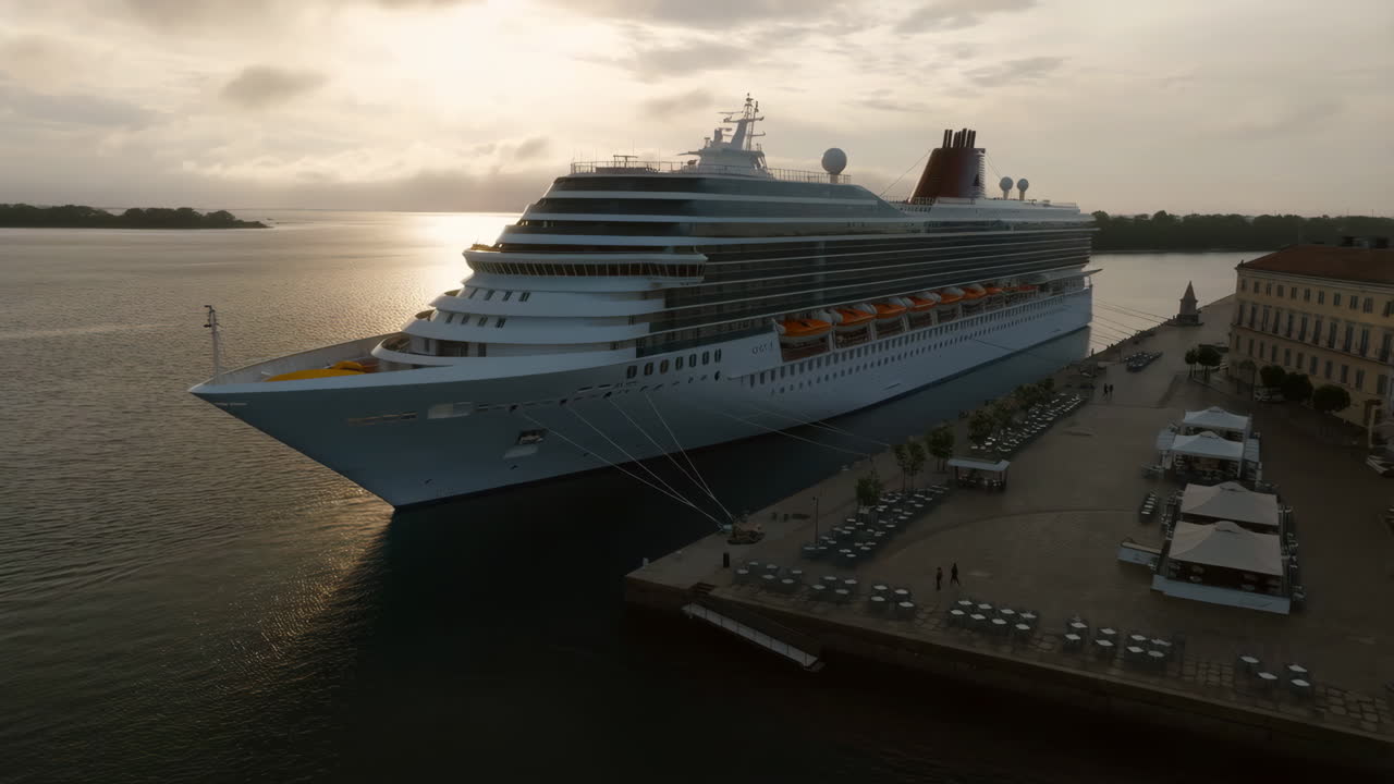 A large cruise ship docked at a port during sunset