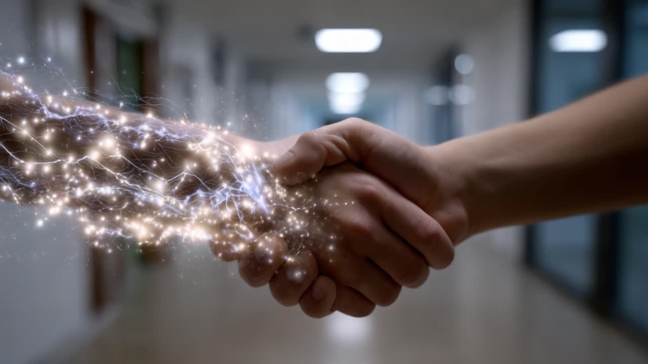 A dynamic handshake between two individuals, showcasing an ethereal glow with sparkling particles representing connection, collaboration, and mutual understanding in a professional setting