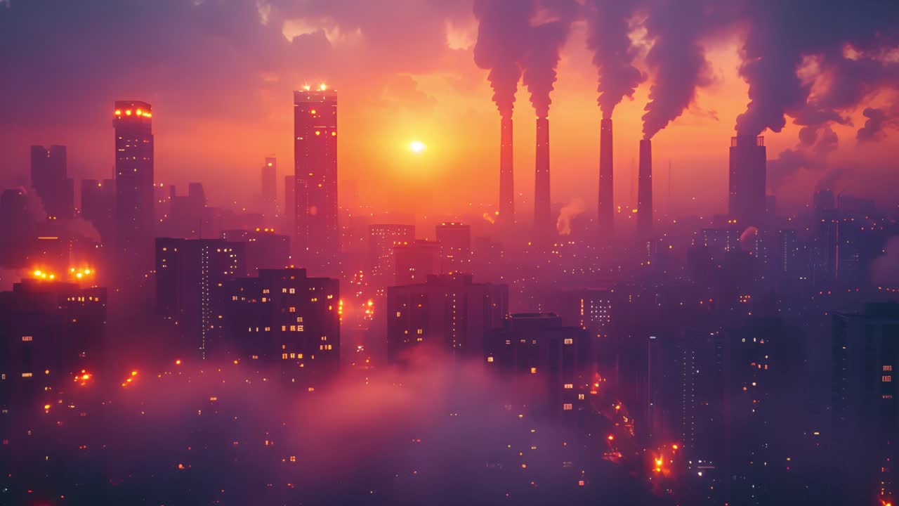 Dystopian Cityscape with Polluting Smokestacks at Sunset
