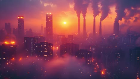 dystopian cityscape with polluting smokestacks at sunset
