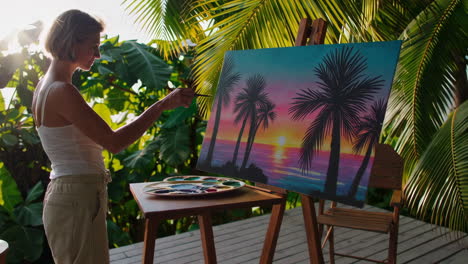 woman painting a tropical seascape