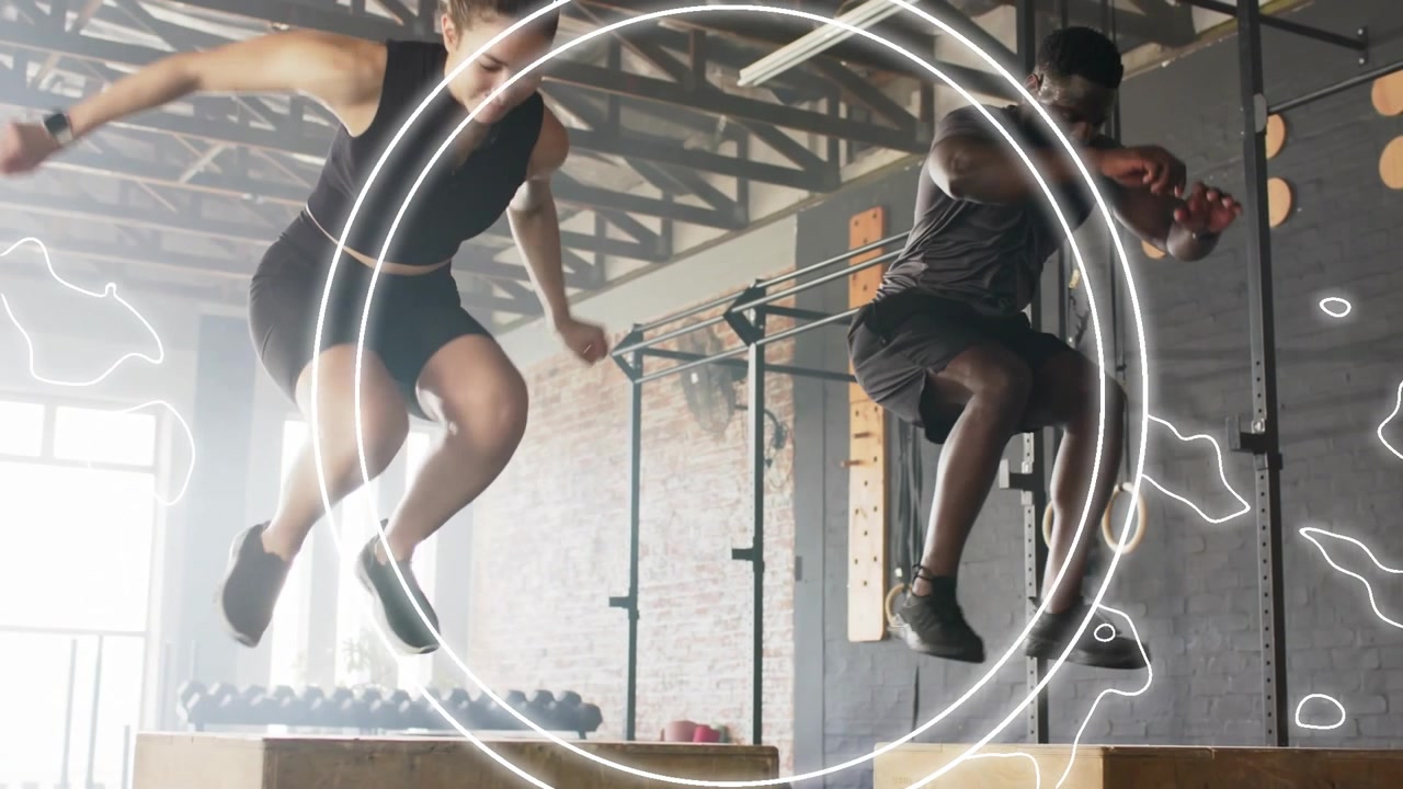 Woman and man performing box jumps in gym, circular overlay appearing and tracking sync for fitness