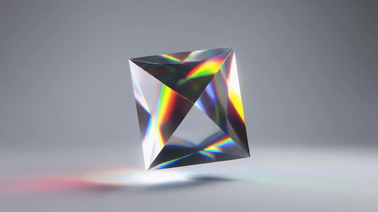 Clear Geometric Crystal Rotating with Rainbow Light Effects