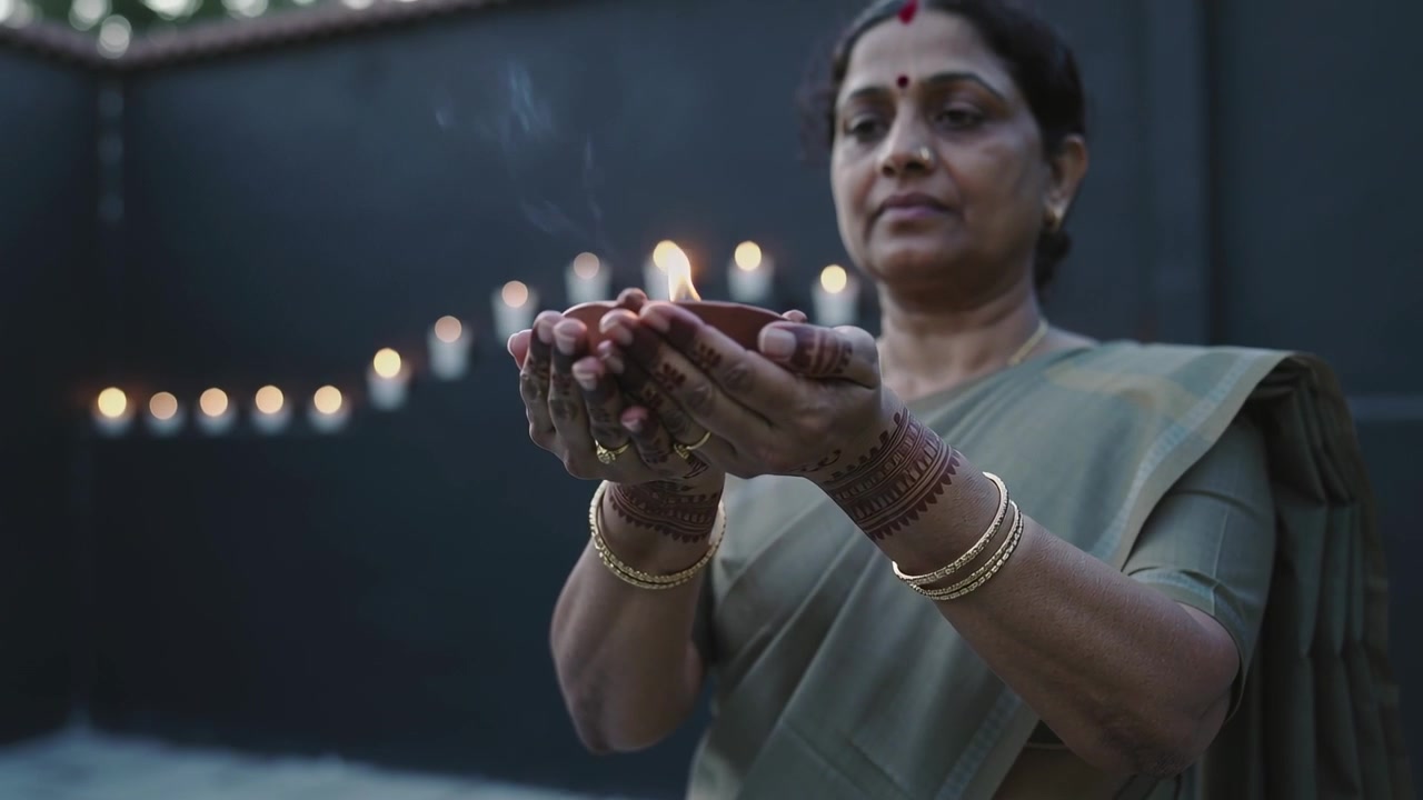 Flame flickering elder woman steadying diya in courtyard as devotional rite wearing sari and henna