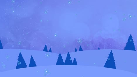 Animation-of-snow-falling-over-christmas-trees-in-winter-scenery