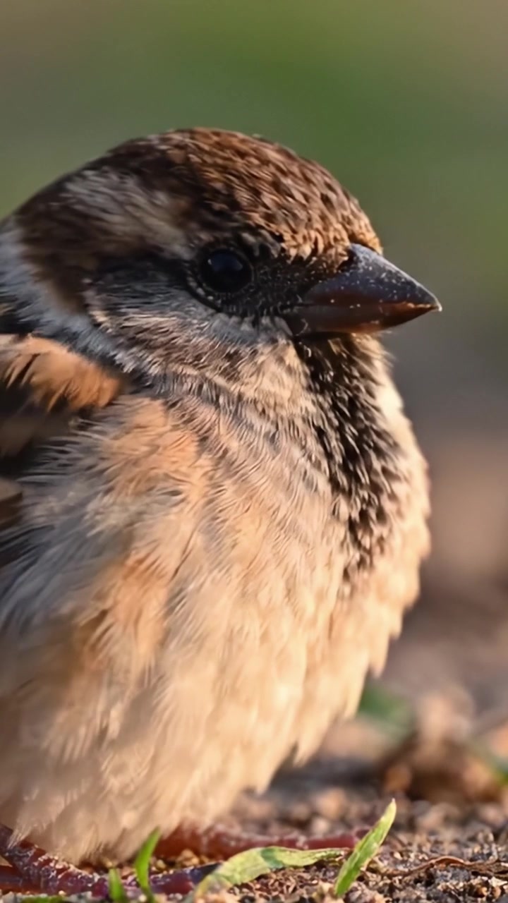 Primo piano di un piccolo uccello, che mostra i suoi intricati motivi di piume e il becco curvo in un ambiente naturale con illuminazione soffusa e sfondo verde.