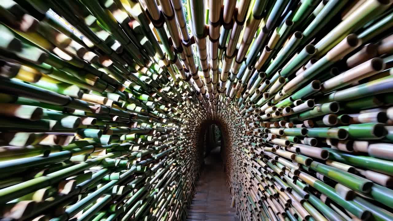 Bamboo tunnel creates a mesmerizing pathway, showcasing vibrant green hues and intricate textures, inviting exploration through a natural architectural wonder