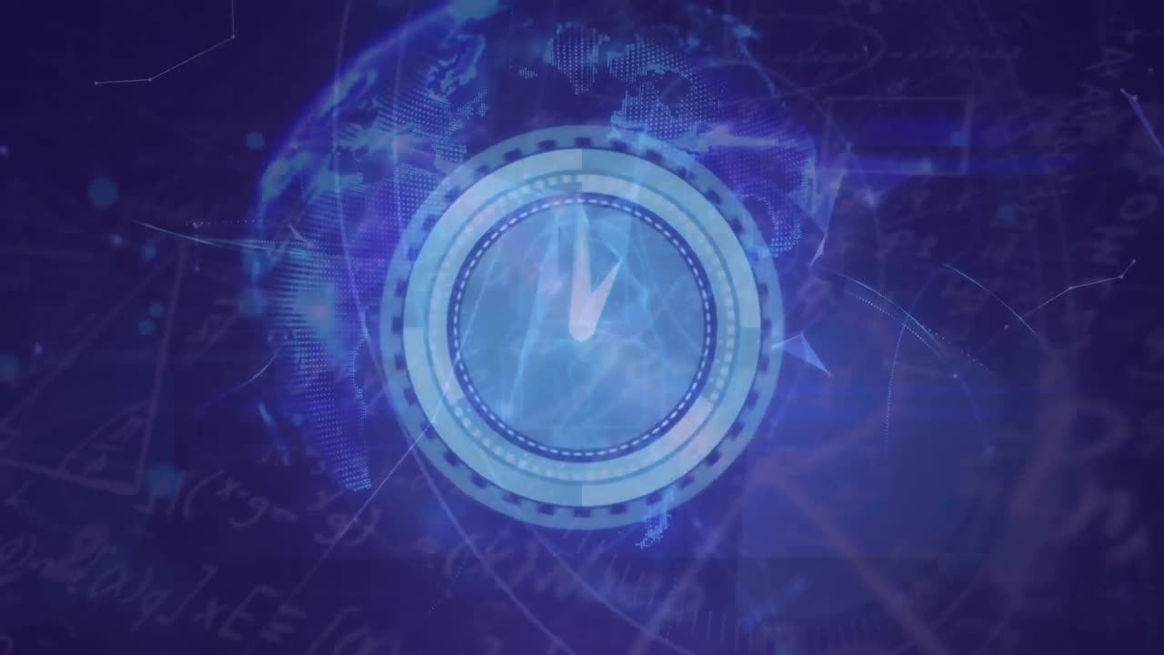 Animation of clock and globe over data processing on purple background ...