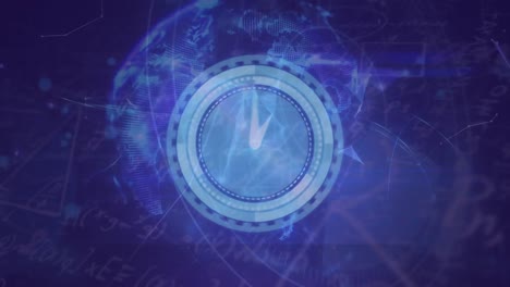 animación del reloj y el globo sobre el procesamiento de datos en fondo púrpura