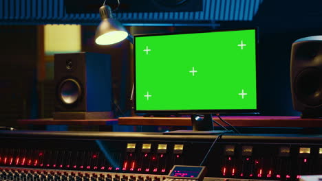 sala de control de estudio de grabación profesional vacía con pantalla verde en exhibición