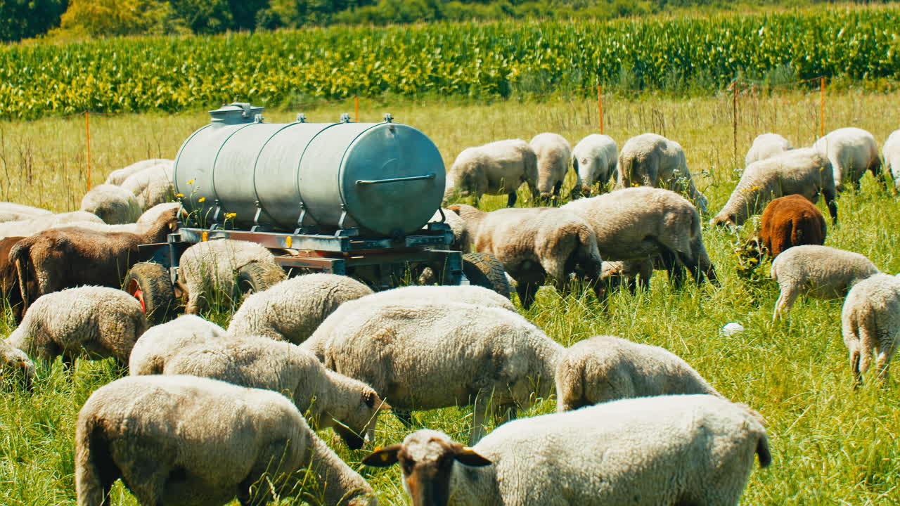 A pastoral scene showing a herd of sheep graze contentedly on lush green grass under the warm sun. Perfect for commercials, documentaries, or nature-related projects