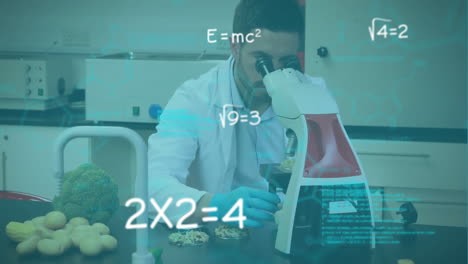 animation of mathematical equations over caucasian male scientist working in lab