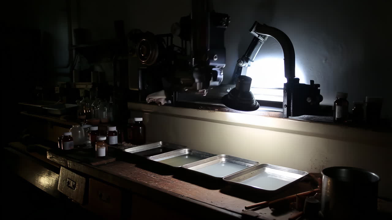 Analog Photography Darkroom with Enlarger and Processing Trays