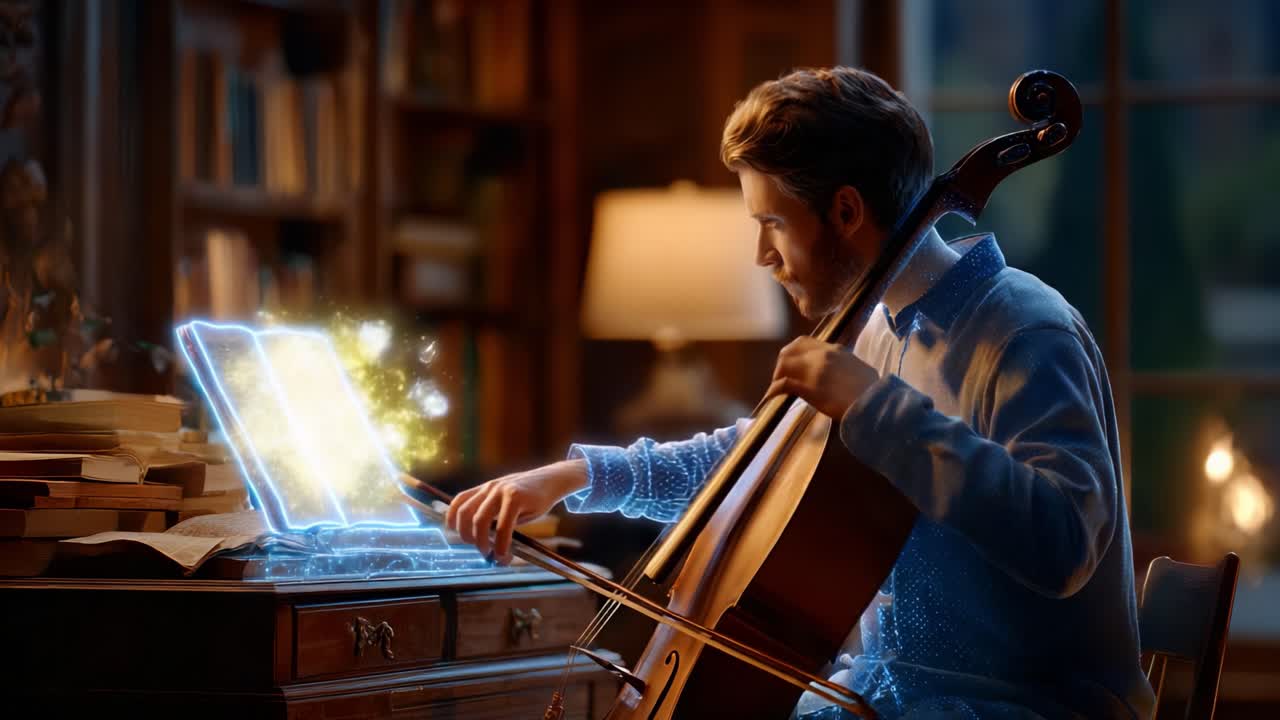 A musician brings ancient melodies to life as he plays the cello, surrounded by a magical glow emanating from an enchanted sheet music that captivates the room