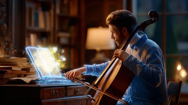 Un musicista dà vita ad antiche melodie mentre suona il violoncello, circondato da un magico bagliore che emana da uno spartito incantato che cattura l'attenzione di tutti.