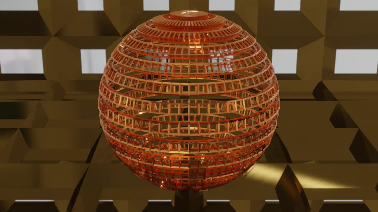4K video animation of a 3d metallic wireframe sphere, isolated on solid brown background.
