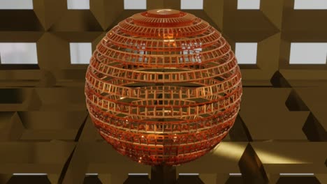 4k video animation of a 3d metallic wireframe sphere, isolated on solid brown background.