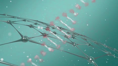 animation of spinning dna strand and grid over blue background