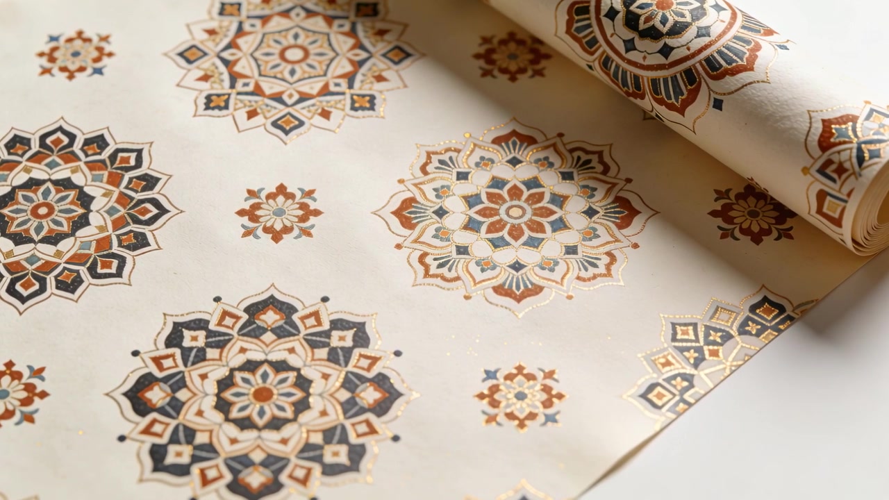 Panoramica della telecamera che mostra un rotolo di carta mandala che si srotola su un tavolo bianco, rivelando accenti dorati.
