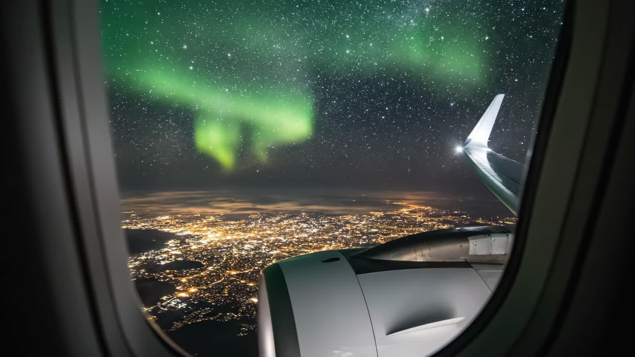 Airplane window view of Aurora Borealis and city lights at night