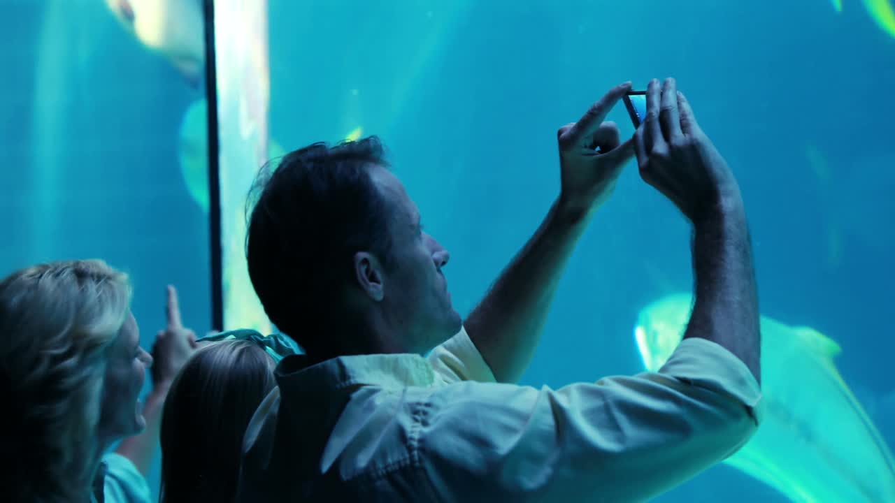 familia feliz mirando el tanque de peces