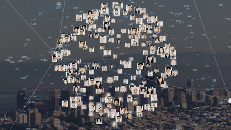 animación de la red de conexiones con personas fotos sobre el paisaje urbano