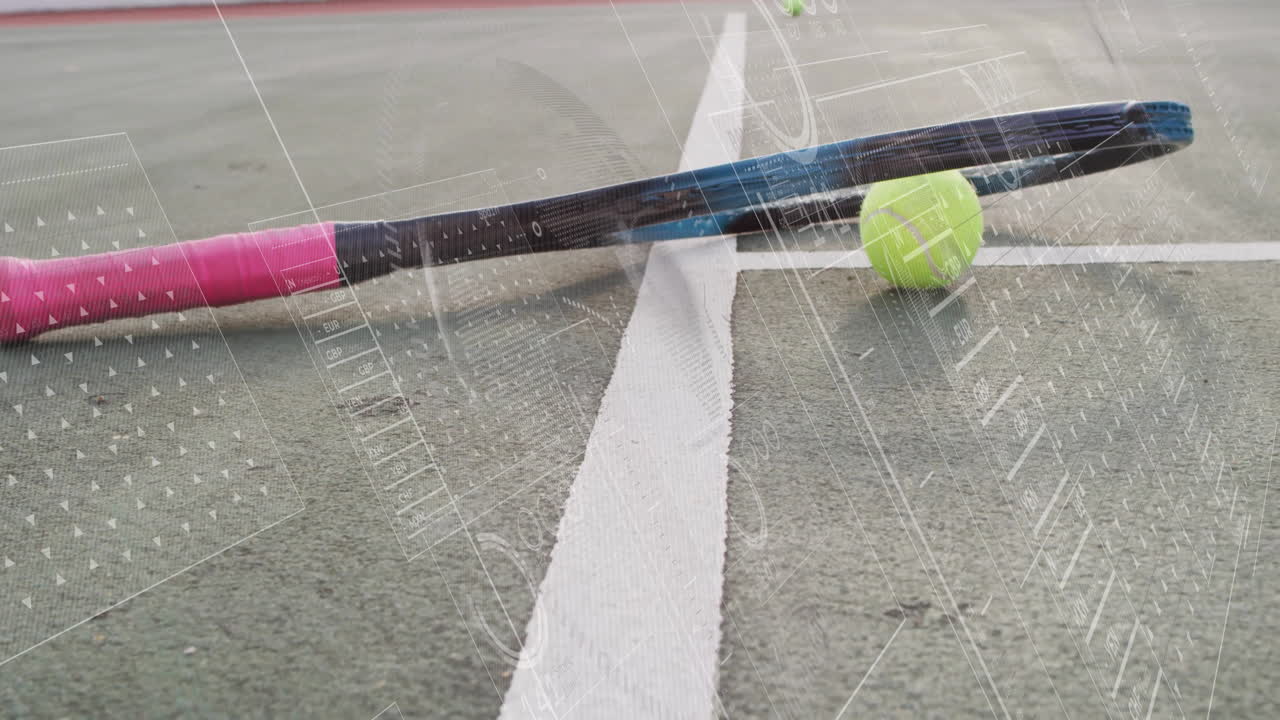 Tennis racket and neon ball being displayed diagonally on green court in 3D render illustration