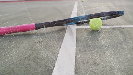 tennis racket and neon ball being displayed diagonally on green court in 3d render illustration