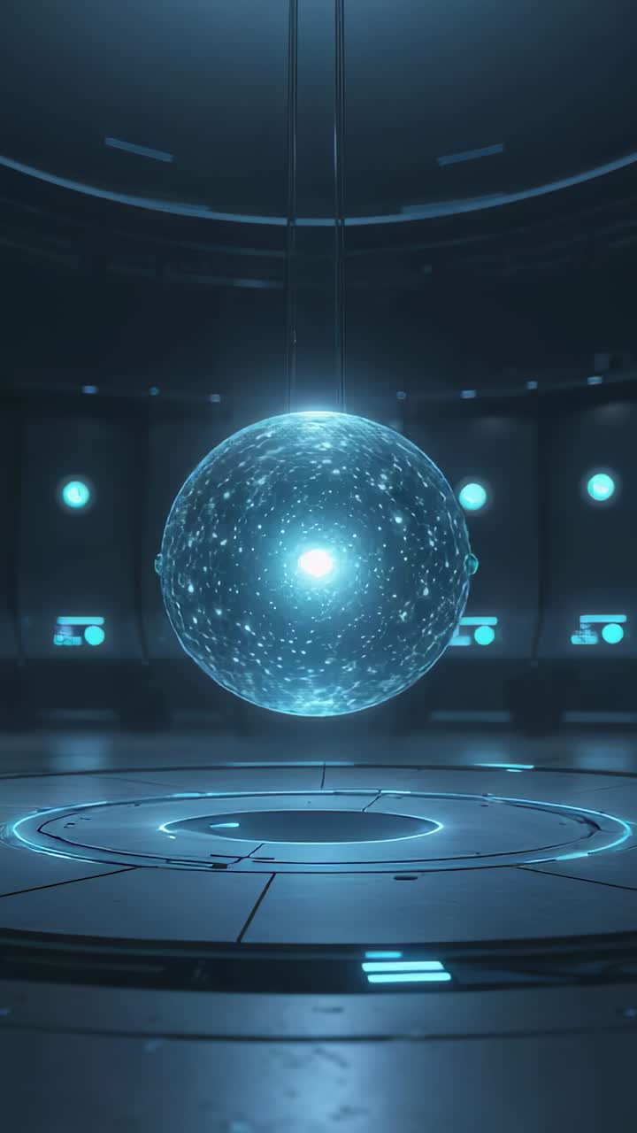 Vertical video: Activating holographic sphere rotating particles, orbiting orb in circular chamber