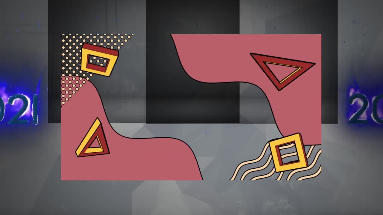 animación de cuadrados giratorios, triángulos y ondas con números en llamas en fondo gris