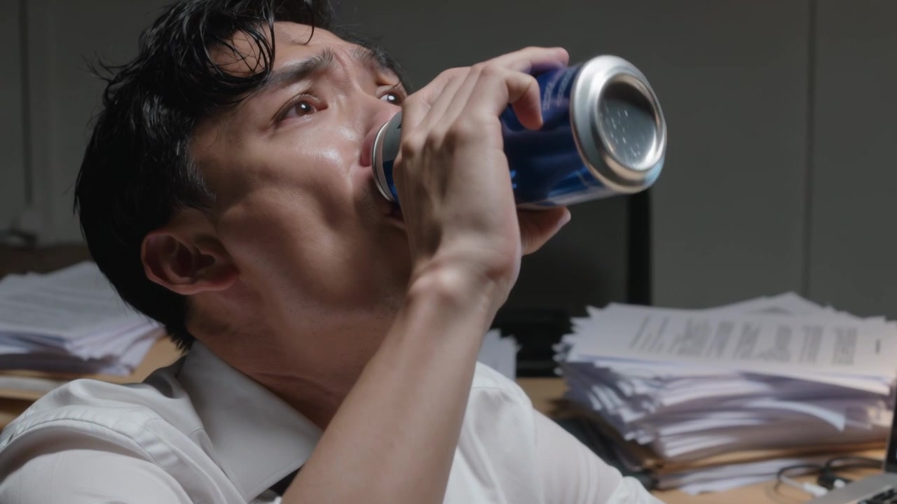 一名员工在办公桌前，领带松开，大口喝着蓝色罐装饮料，用笔记本电脑应对迟来的文书工作压力。