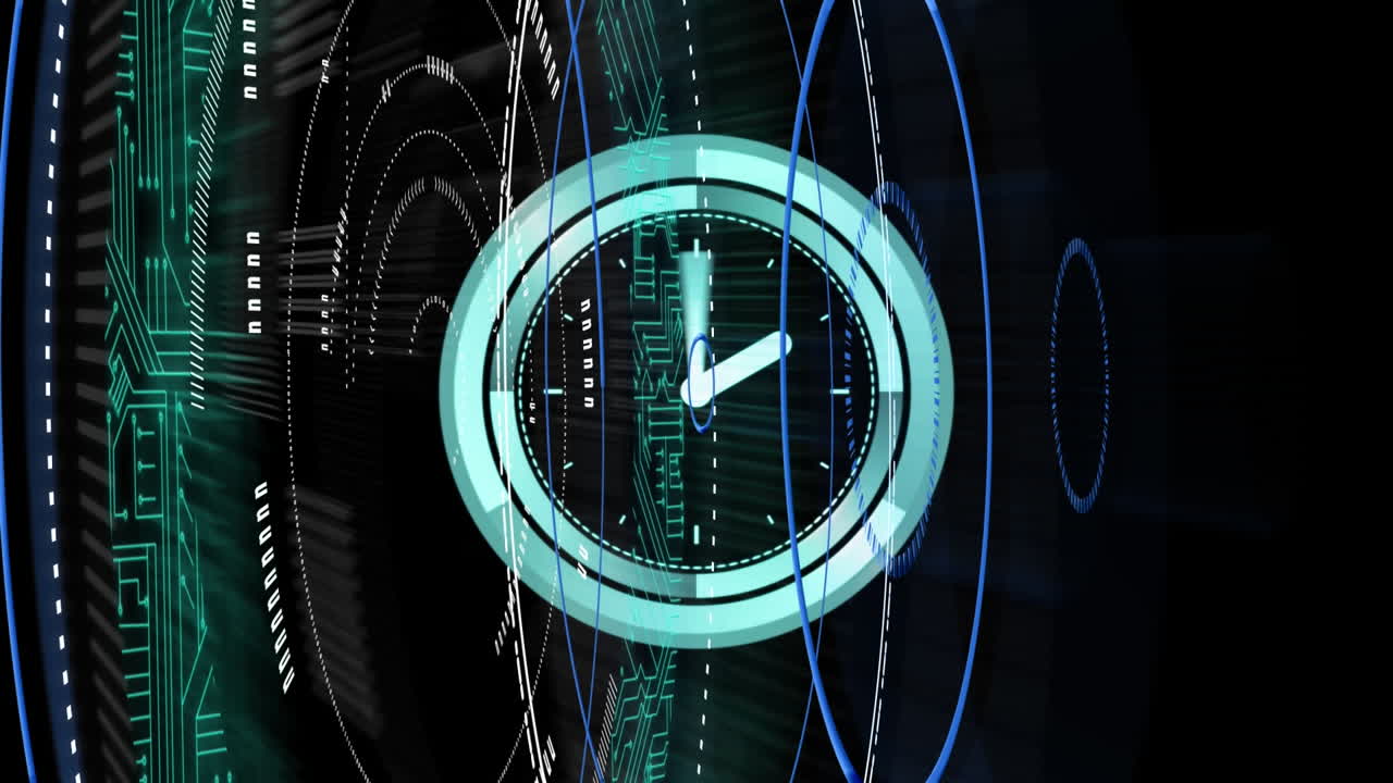 Digital animation of neon clock ticking over neon round scanners on black background
