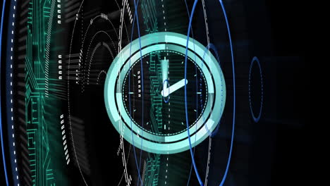 animación digital del reloj de neón haciendo tic-tac sobre escáneres redondos de neón sobre fondo negro