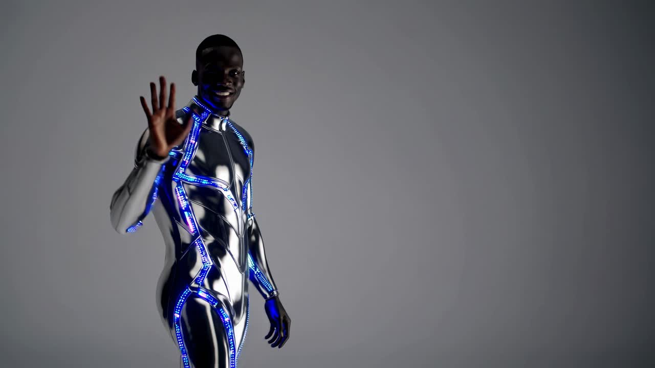 hombre con un disfraz de robot futurista