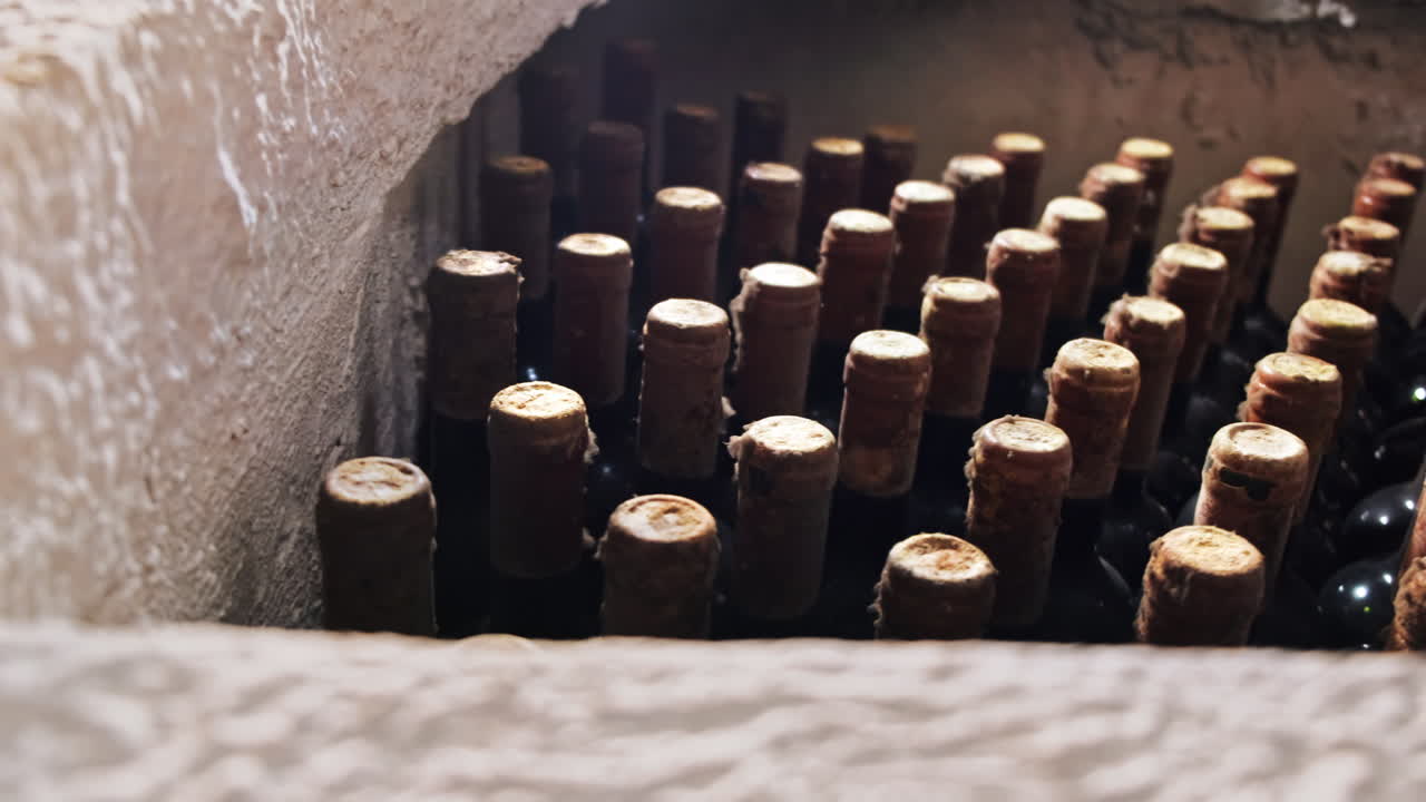 Racks with bottles of wine in storage at the winery