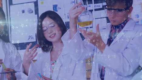 アニメーション 抽象的なパターン 複数の学生が実験室で液体を検査する