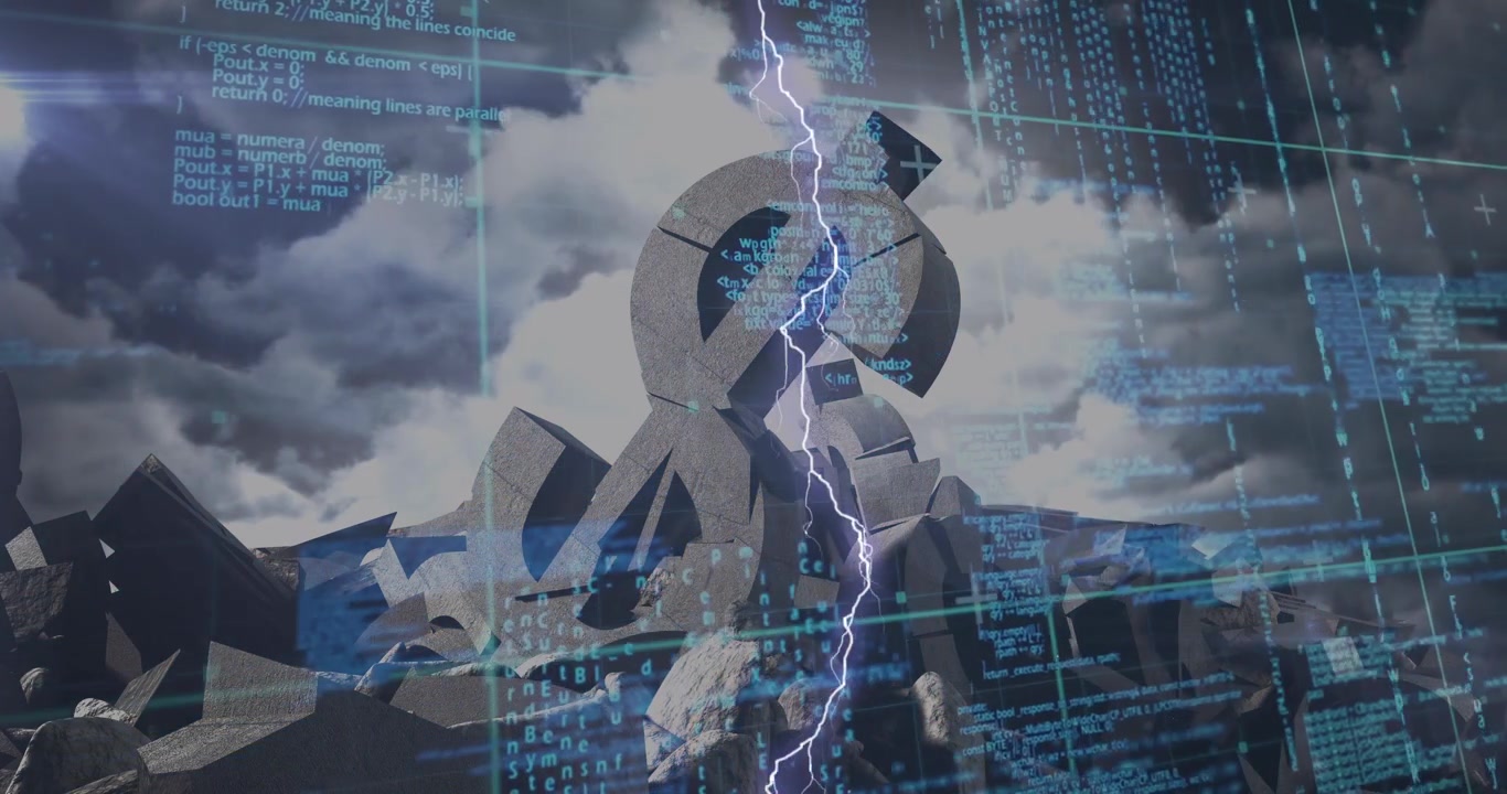 Animation of data processing over flashes and dollar made of stone