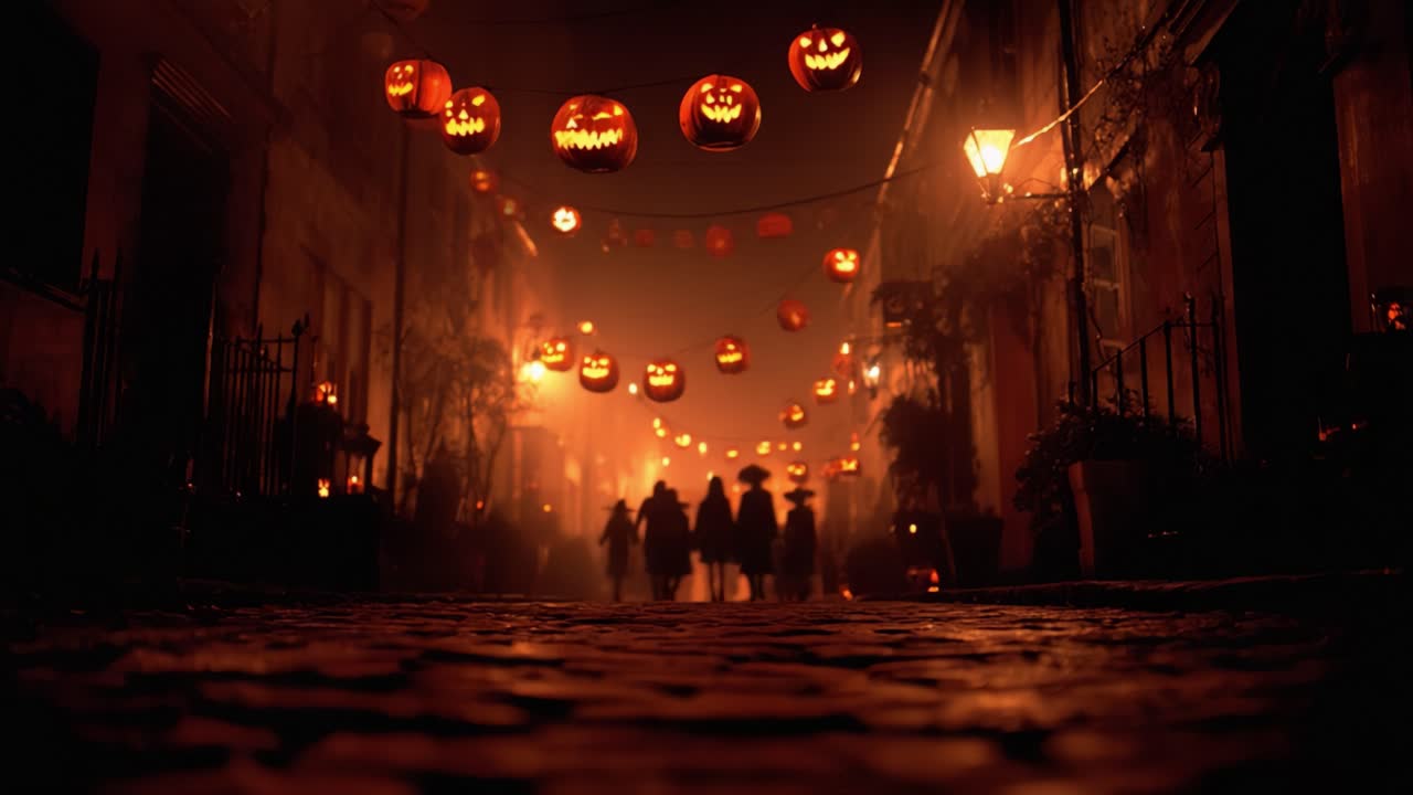 A Mysterious Halloween Night: Eerie Figures Stroll Through a Foggy Street Adorned with Glowing Jack-o'-Lanterns and Dimly Lit Lanterns, Creating an Enigmatic Atmosphere