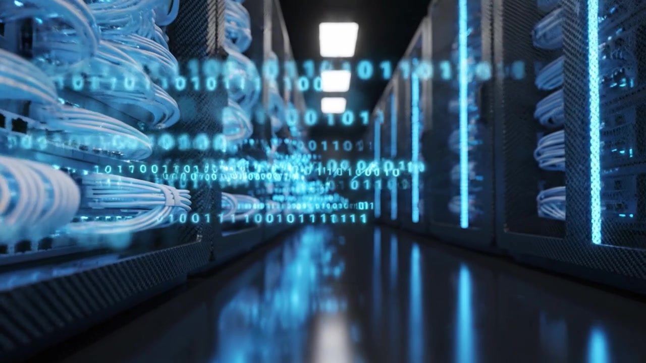 A High-Tech Data Center Featuring Network Cables and Server Racks Illuminated with Blue Lighting for Efficient Data Processing and Management in a Modern Environment