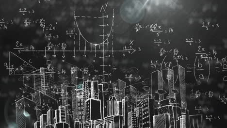 Mathematical-equations-floating-against-spots-of-light-and-cityscape-sketch-on-blackboard
