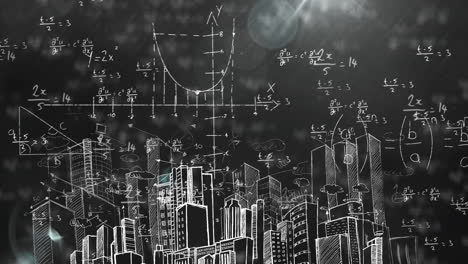 ecuaciones matemáticas flotando contra manchas de luz y boceto del paisaje urbano en la pizarra