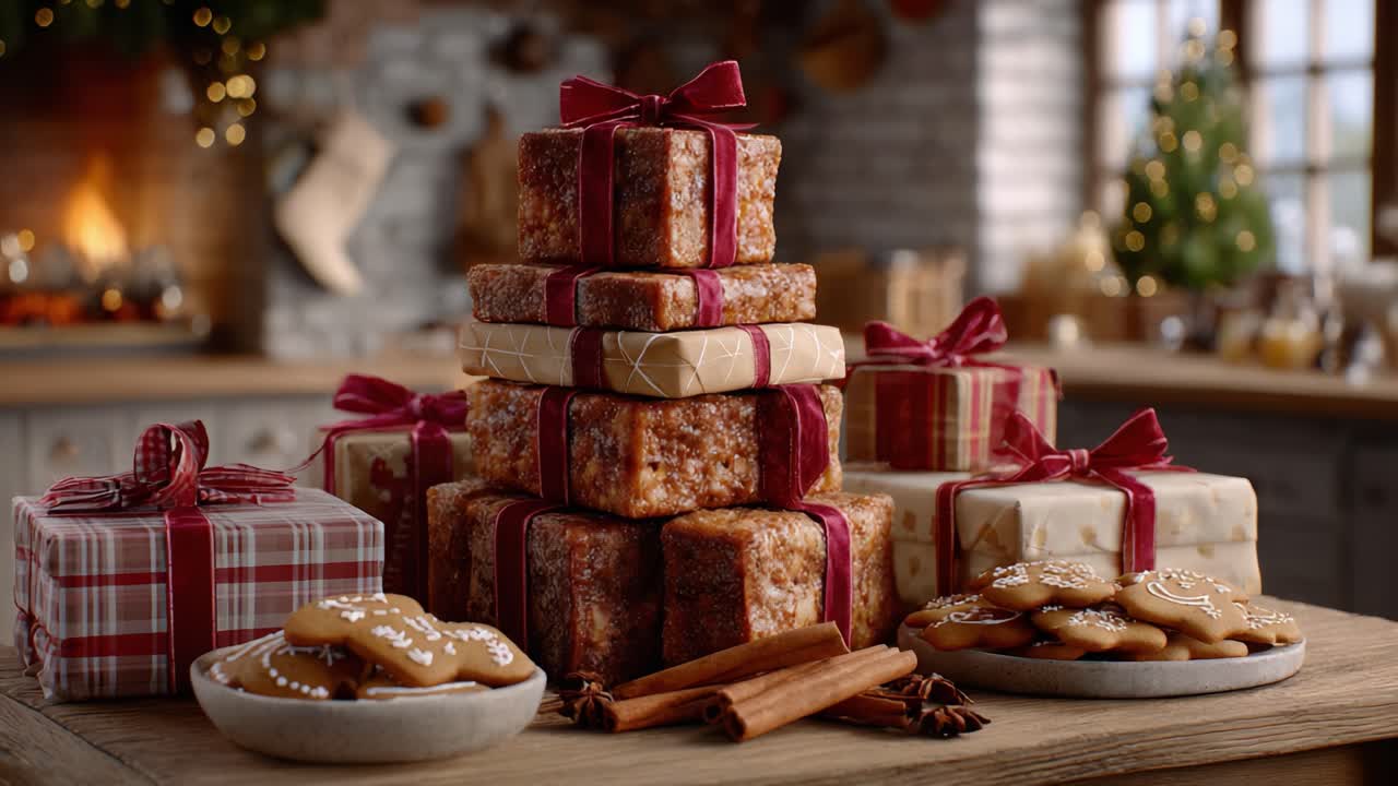 A Warm Holiday Scene Featuring an Array of Festively Wrapped Gifts and Gingerbread Cookies Surrounded by Cinnamon Sticks, Perfect for Celebrating the Season