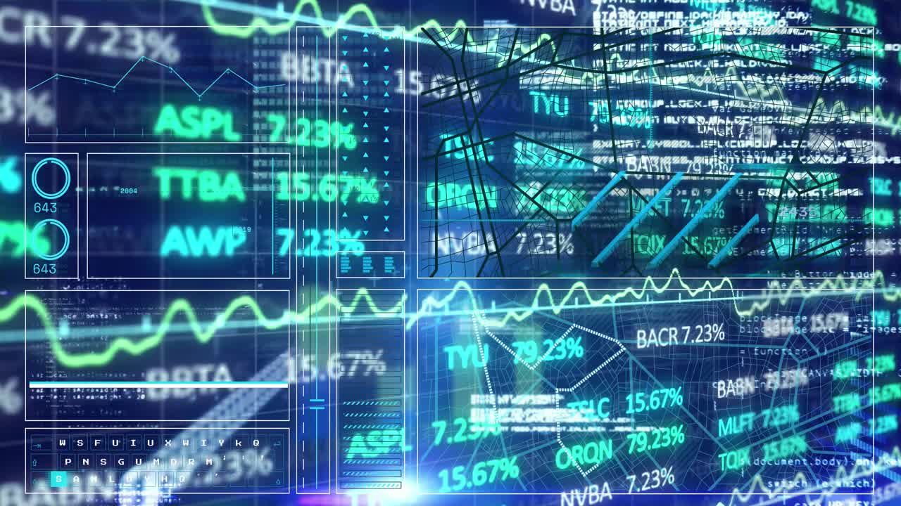 Animazione di grafici, pannello di trading, codici binari, linguaggio di programmazione su uno schema di navigazione