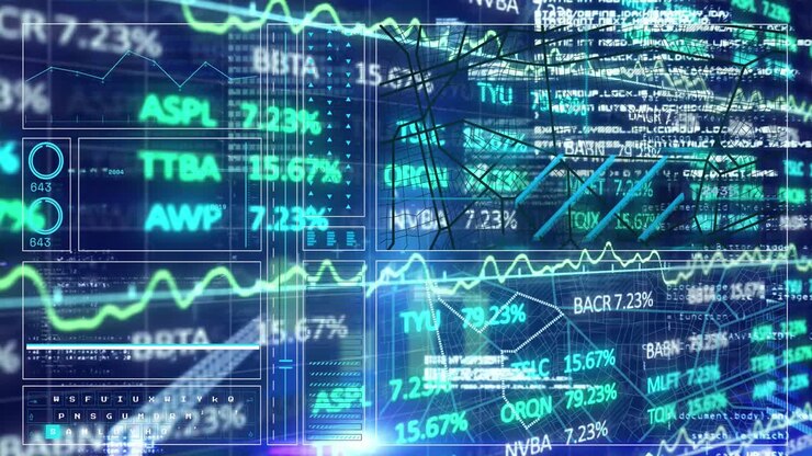 Animazione di grafici, pannello di trading, codici binari, linguaggio di programmazione su uno schema di navigazione