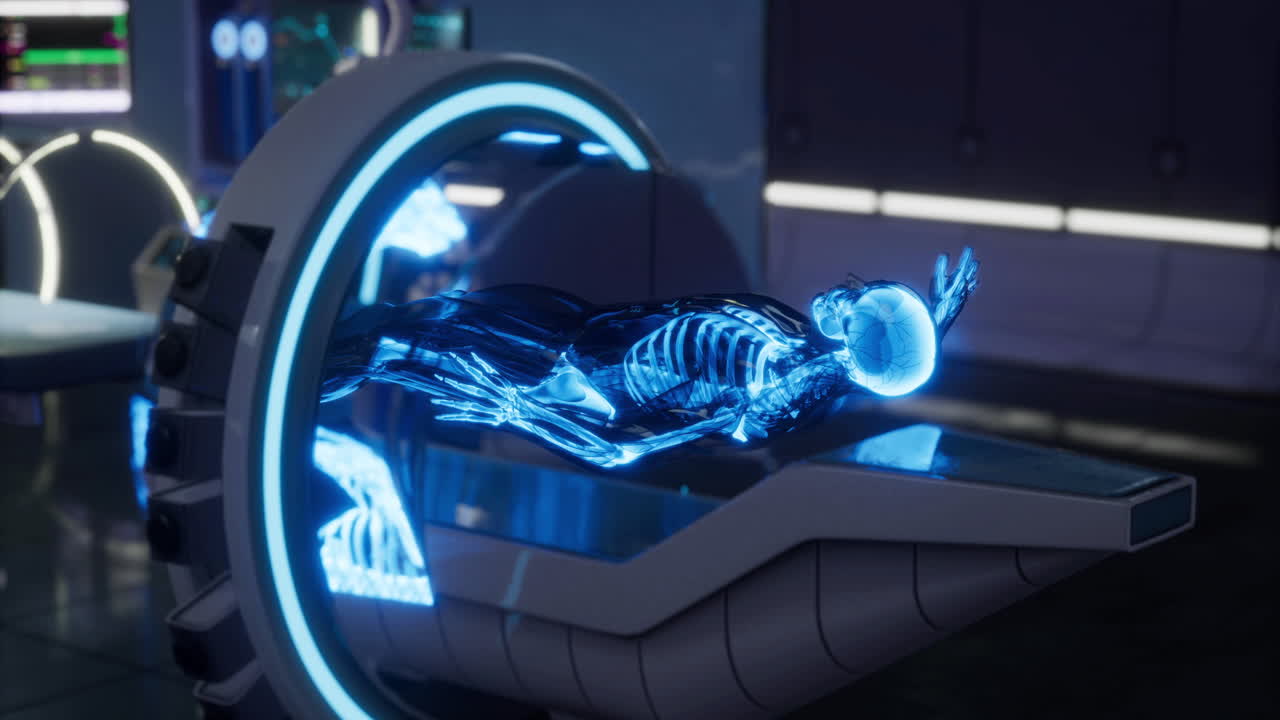 Vista futuristica di uno scheletro olografico in una clinica ad alta tecnologia