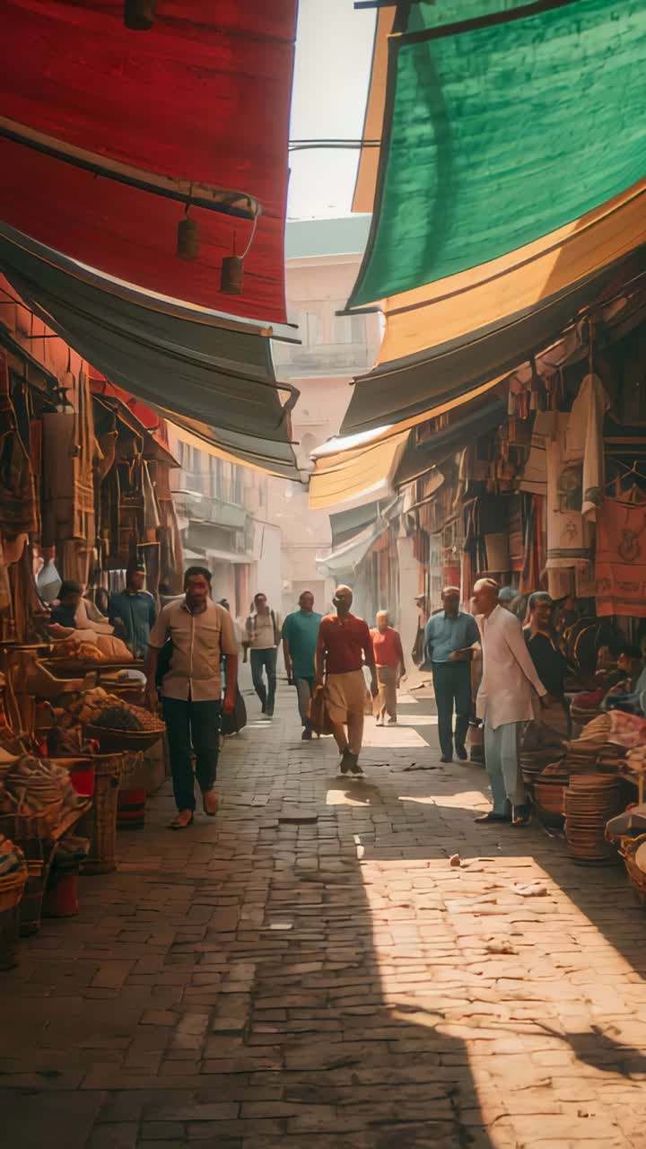Vertical video: Walking man in maroon top with cloth bag returning along sunlit bazaar with baskets