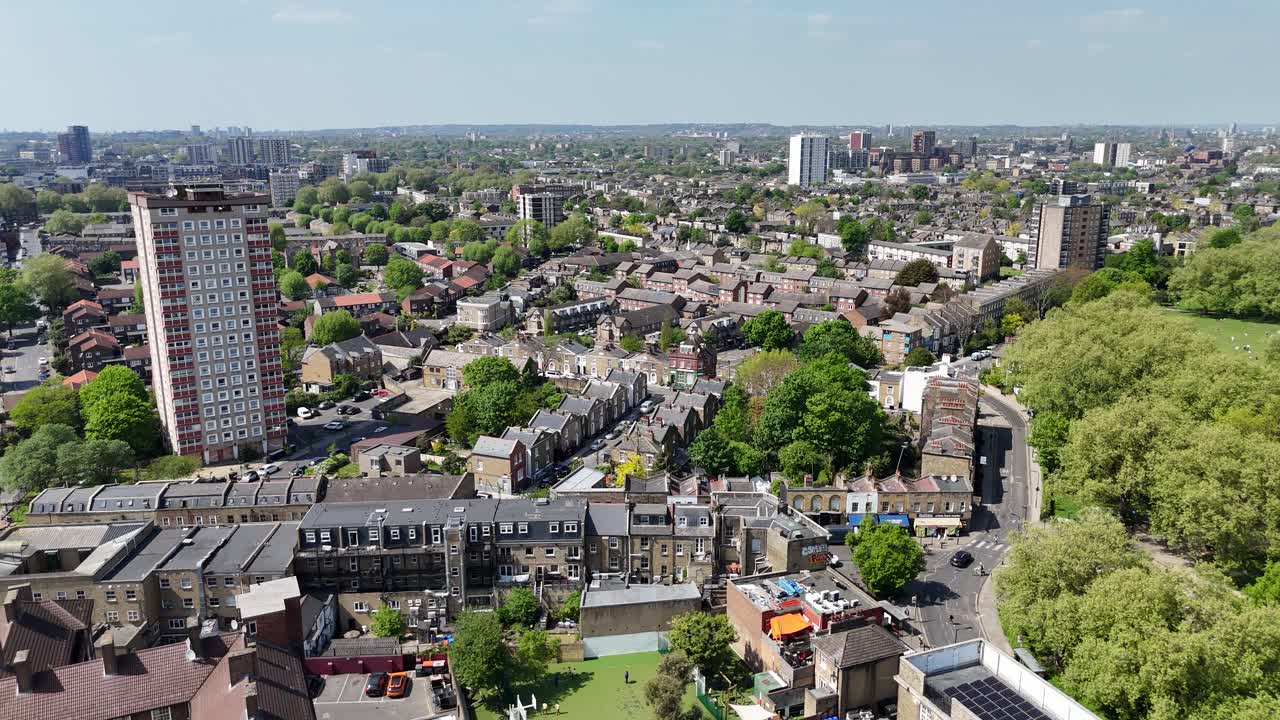 Rising drone,aerial East London streets and roads near London Fields UK